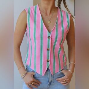 Chic Pink and Green Striped Button Down Sleeveless Top
